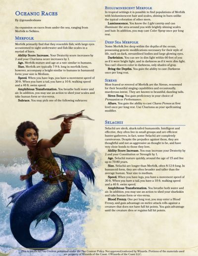 Dnd Ocean Monsters, Mermaid Dnd 5e, Dnd Siren, Dnd Aquatic Races, Mermaid Dnd, Dnd Shark Race, 5e Sea Monsters, Mermaid Dnd Character, Dnd Mermaid