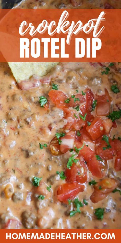 Creamy, cheesy and effortless! Make this delicious crockpot Rotel dip recipe in your slow cooker with just a few simple ingredients.  It's a guaranteed crowd pleaser! Slow Cooker Chip Dip, Hamburger Velveeta Rotel Dip Crockpot, Cheesy Crockpot Dip, Healthy Rotel Dip, Rotel Cheese Dip Crockpot, Roadkill Dip, Tailgate Dips Crockpot, Chip Dip Recipes Crock Pot, Easy Christmas Crockpot Recipes