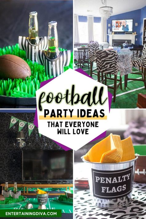 These football party decor ideas are awesome! So many creative ways to decorate for a super bowl party as well as some great football food ideas! Party Decor For Adults, Super Bowl Birthday Party, Football Party Centerpieces, Super Bowl Party Games, Football Party Printables, Football Shaped Foods, Football Food Ideas, Football Party Appetizers, Appetizers Football