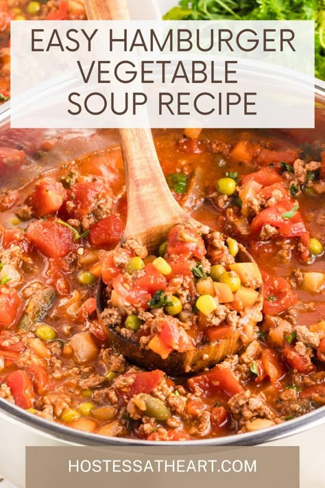 Easy Hamburger Vegetable Soup Recipe (One-Pot) Hamburger Soup With Fresh Vegetables, Hamburger Vegetable Soup With Tomato Juice, Easy Vegetable Beef Soup With Hamburger, Hamburger Vegetable Soup Recipes, Hamburger Vegetable Soup Crock Pot, Vegetable Soup With Hamburger, Crockpot Hamburger Vegetable Soup, Hamburger Vegetable Soup Easy, Vegetable Beef Soup With Hamburger