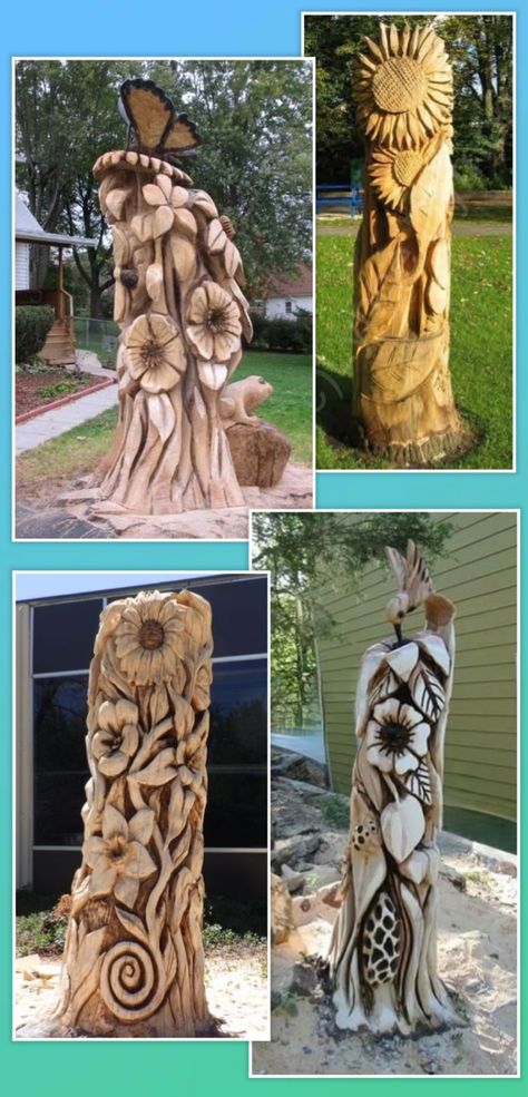 Stump Carving Ideas, Chainsaw Carving For Beginners, Tree Stump Carving, Carving Flowers In Wood, Stump Carving, Carved Flowers In Wood, Carved Tree Stump, Tree Artwork Sculpture Wood Carvings, Chainsaw Carved Trees