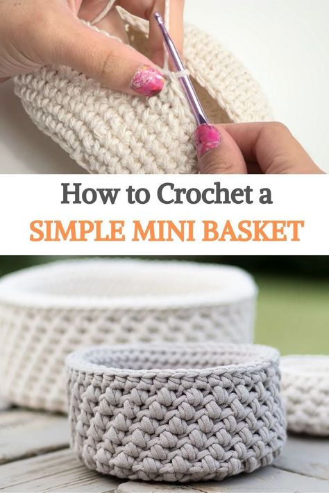 Mini Crochet Basket Pattern, Crochet Bowls And Baskets Free Pattern, Crochet Small Bowl, Coaster Basket Crochet, Small Crochet Basket Free Pattern, Crochet Basket Beginner, Mini Basket Crochet Free Pattern, How To Crochet A Basket For Beginners, Small Crochet Basket Pattern