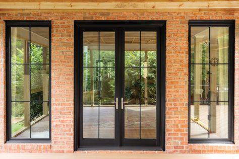 Two Sets Of French Doors To Patio, French Door Back Door, Black Framed French Doors, Windows With Black Grids, Narrow Double Doors Entrance, Black Glass French Doors, Dining Room French Doors To Outside, French Doors And Windows, French Doors With Windows On Each Side