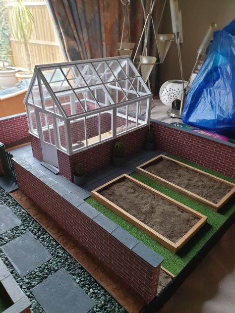 Doll House Greenhouse, Dollhouse Greenhouse Diy, Miniature Greenhouse Dollhouse, Miniature Greenhouse Diy Doll Houses, Miniature Greenhouse Diy, Greenhouse Diorama, Green House Model, Dollhouse Greenhouse, Dollhouse Landscaping