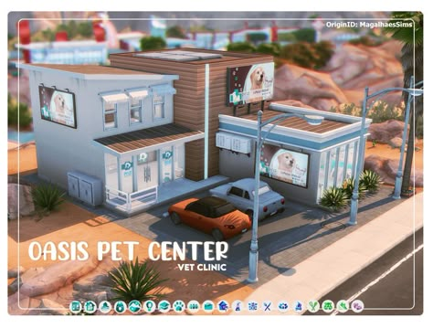 OASIS PET CENTER - MAXIS-MATCH CC BUILD Sims 4 Build Ideas Community, Minecraft Vet Clinic, Vet Clinic Design Sims 4, Sims Vet Clinic Ideas, Sims 4 Vet Clinic, Sims 4 Builds Oasis Springs, Sims 4 Oasis Springs Community Lot, Sims 4 Oasis Springs, Ts4 Oasis Springs House