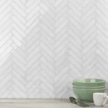 Backsplash Tile & Mosaics | TileBar.com White Herringbone Backsplash, Contemporary Kitchen Backsplash, White Herringbone Tile, Kitchen Backsplash Tile Designs, Honed Marble Tiles, Affordable Tile, Tile Mosaics, Chevron Tile, White Kitchen Backsplash