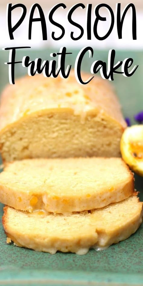 This passion fruit cake has the tropical flavor of lilikoi baked right into a sliceable loaf. There's a gluten free option, as well. #dessert. #recipe #homecooking Passion Fruit Pavlova Recipe, Passion Fruit Scones, Passion Fruit Muffins, Passion Fruit Desert, Lilikoi Cheesecake Recipes, Lilikoi Cake Recipe, Fruit Loaf Cake, Passion Fruit Dessert, Passion Fruit Recipes