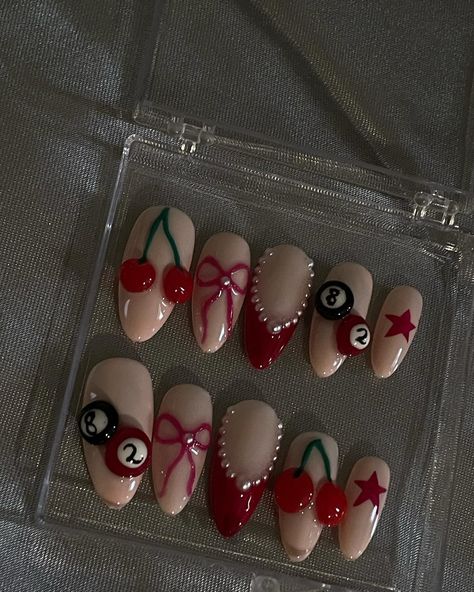 🍒🎱🎀 - - - - - - - - #nails #nailtech #nailsnailsnails #pressonnails #explore #reels #relatable #creator #smallbusiness #smallcreator #reelsinstagram #interact #real #viral #funny #8ballnails #cherrynails #bownails #coquettenails #nailinspo #explorepage #nailaddict #custommade #handmade #supportsmallbusiness #naillove #love #bownails #3dart #3dnails #nailslondon 8 Ball Nails Pink, 8ball Acrylic Nails, Tate Mcrae Nails, Nail Inspo 8 Ball, Red Cherry 8 Ball Nails, Cheetah Cherry 8 Ball Nails, Concert Nails, Cherry Nails, 3d Nails