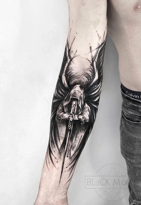 Armour Tattoo, Evil Skull Tattoo, Archangel Tattoo, Medieval Tattoo, Knight Tattoo, Full Sleeve Tattoo Design, Forearm Tattoo Design, Cool Forearm Tattoos, Sketch Tattoo Design