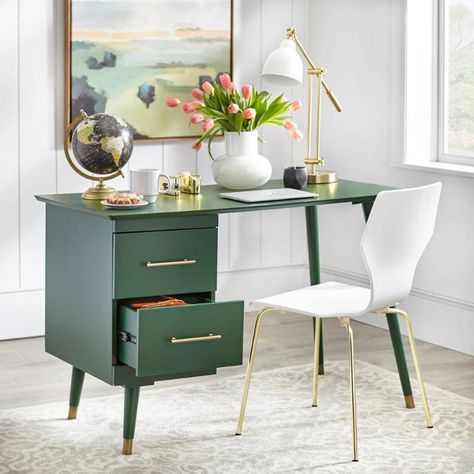 Angelo:HOME Leon Mid-century Desk, Green | Patio Sets, Furniture, Chairs, Tables, Lighting, Decor & more! | Equip-Bid Mid Century Writing Desk, Massage Office, Cheap Office Furniture, Green Desk, Mid Century Modern Desk, Mid Century Desk, Bed Desk, Modern Home Office, Home Desk