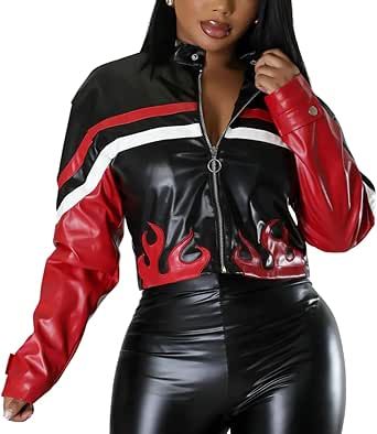 CONCINEROS Women's Faux Leather Jacket Zip Up Cropped Bomber Leather Jacket Women 2024 S-XL Patchwork Leather Jacket, I Like Women, Faux Leather Jacket Women, Womens Moto Jacket, Varsity Jacket Women, Birthday Look, Pu Jacket, Women Jumpsuit, Womens Turtleneck