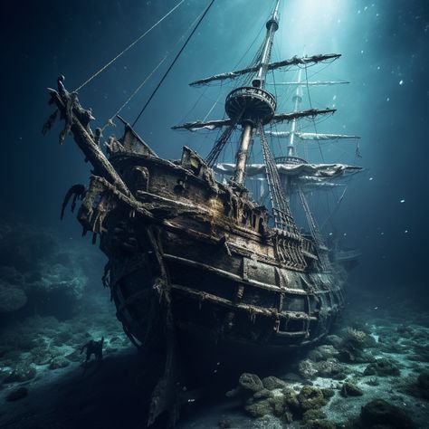 I am creating for you now on Fiverr and for my own NFT Collection on Open Sea. Ship Wreck Drawings, Boat Underwater View, Ship Wreck Aesthetic, Ship Wreck Tattoo, Shipwreck Painting, Underwater Sleeve, Pirate Sleeve, Deep Sea Diver Art, Frigate Ship