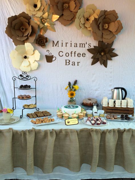 Coffee bar coffee theme party Coffee Birthday Party Decorations, Coffee Bar Theme Party, Graduation Coffee Bar, Cafe Party Decorations, Coffee And Dessert Party Ideas, Coffee Bar Ideas Party Events, Coffee Theme Decor Party Ideas, Coffee Bar Birthday Party, Coffee Bar Birthday Party Ideas