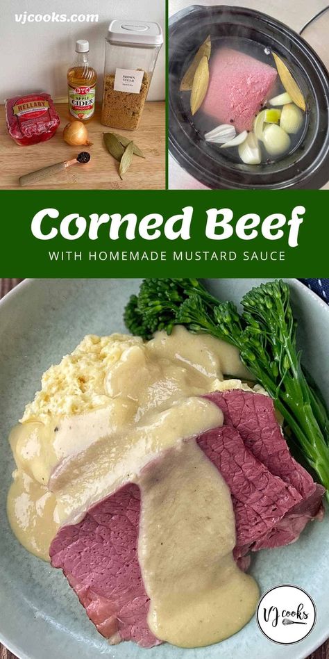 Easy-to-follow instructions for corned beef made in the slow cooker with corned silverside, bay leaves, brown sugar, apple cider vinegar, peppercorns and onion. Serve with your own homemade mustard sauce made from egg, brown sugar, mustard, apple cider vinegar and the secret ingredient - 1 cup of corned beef cooking liquid. This nostalgic meal is super easy to prepare and the meat can be eaten hot or cold for the days following. #vjcooks #cornedbeef #slowcooker Corned Silverside Recipe, How To Prepare Corned Beef, Corned Beef In Slow Cooker, How To Make Corned Beef, Corned Silverside Slow Cooker, Mustard Sauce For Corned Beef, Silverside Slow Cooker, Silverside Recipe, Corned Beef Seasoning