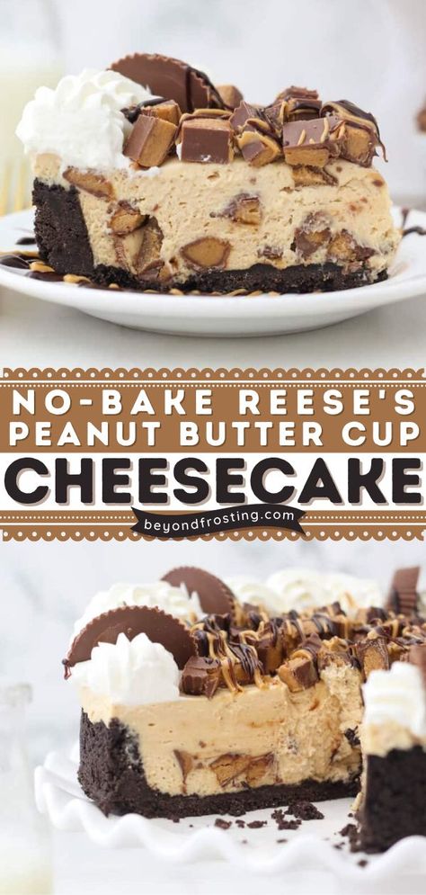 NO-BAKE REESE’S PEANUT BUTTER CUP CHEESECAKE, holiday desserts, thanksgiving, christmas No Bake Reese’s Peanut Butter Cheesecake, No Bake Cheesecake Peanut Butter Easy Recipes, No Bake Pb Cheesecake, Pb Cheesecake No Bake, Homemade Peanut Butter Cheesecake, No Bake Cheesecake Flavors Ideas, Recess Cheesecake, Reeses Peanut Butter Cheesecake Brownies, Reeses Peanut Butter Cheesecake No Bake