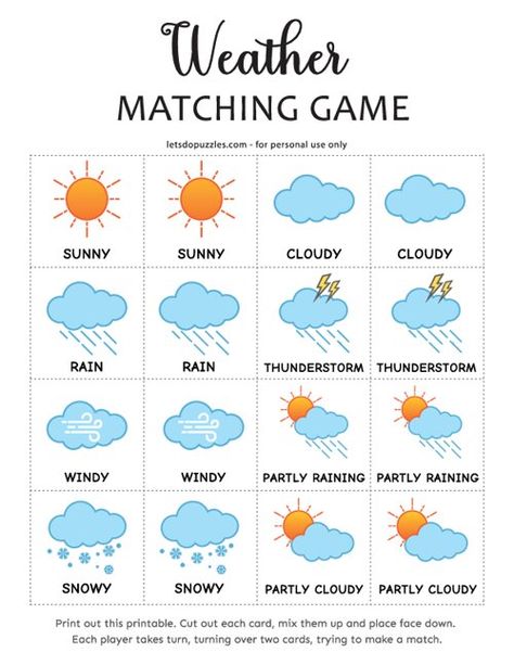 Weather Matching Game Free Printable, Memory Games For Kids Printable, Velcro Board, Word Games For Kids, Weather Games, Daycare Classroom, Room Activities, Sight Words Printables, Keeping Kids Busy