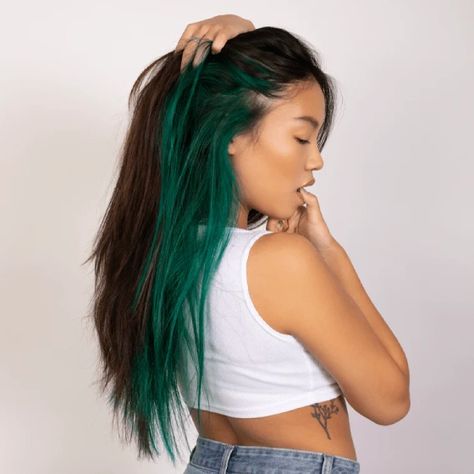 How To Do Peekaboo Hair Color At Home, Green Highlights In Brown Hair, Different Ways To Dye Your Hair, Green Peekaboo Hair, Green Hair Styles, Brown And Green Hair, Peekaboo Highlights For Dark Hair, Green And Brown Hair, Peekaboo Hair Color Ideas