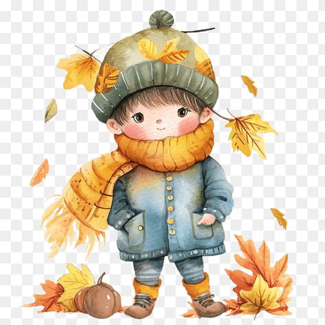 Cute Boy Fall Watercolor Clipart Autumn Projects, Boy Clipart, Watercolor Video, Blue Envelopes, Yorkshire Terrier Puppies, Fall Watercolor, Fall Projects, Hat And Scarf, Cute Penguins