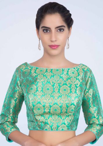 Buy Light Green Blouse In Brocade Silk With Jaal Work Online - Kalki Fashion Light Green Blouse, Saree Blouse Design, Kalki Fashion, Saree Designer, Plain Saree, Indian Saree Blouse, Indian Saree Blouses Designs, Blouse Designs Indian, Work Online