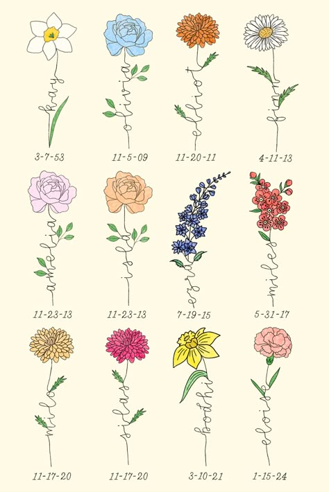 Hand drawn custom digital art print! Choose from both the primary and secondary birth flowers from each month! As pictured in the example, this print includes as many birth flowers as you would like that can fit on one page, names incorporated into the stem of each flower, and birth dates listed underneath (optional.) If you would like the color of any flowers changed, no problem! Please list it in the personalization box or send me a message.  Please list in the personalization box: -which flow Tattoo Fashion Clothing, Mom Daughter Tattoos, Female Cartoon Characters, Birth Flower Tattoos, Wall Art Unique, Custom Bouquet, Subtle Tattoos, Tattoos For Daughters, Cricut Craft Room