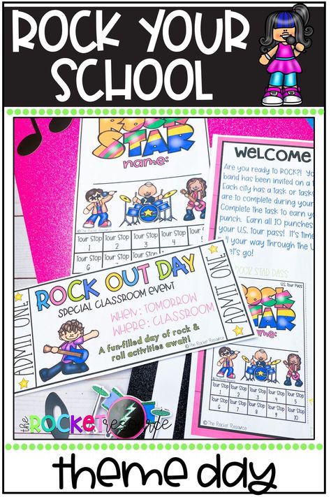 Have the best Rock Your School themed with these engaging and standards-based rock and roll activities! Take your students on a 10 city tour around the U.S., completing activities as they go. Kindergarten Rockstar Day, Rock Your School Day Activities, We Will Rock Our Classmates Activities, Rock And Roll Classroom Transformation, Rock Your School Day Themes, Rock N Roll School Theme, Rock And Roll School Theme, Rock Your School Day Ideas, Rock And Roll Classroom