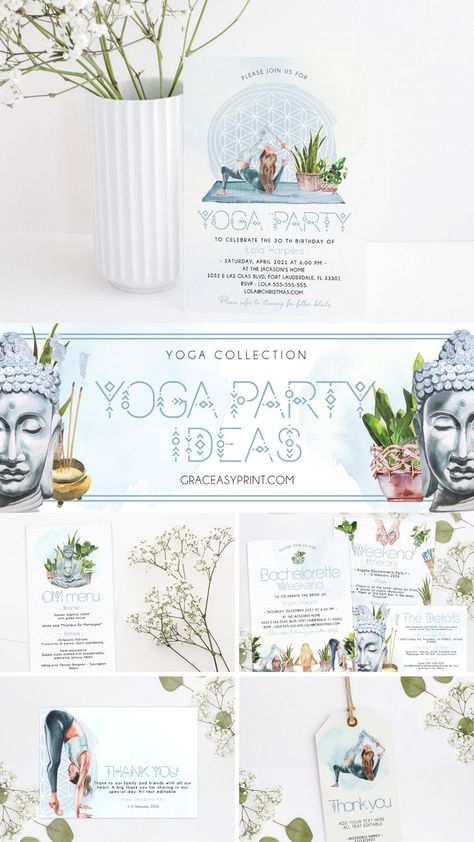 Yoga party invitation template all text editable 5x7in, Discover the new invitation for a yoga birthday with family or friends Yoga Party Ideas, Yoga Birthday Party, Health Studio, Birthday With Family, Yoga Party, Colorful Birthday Party, Graduating Teacher, The Jacksons, Bachelorette Weekend