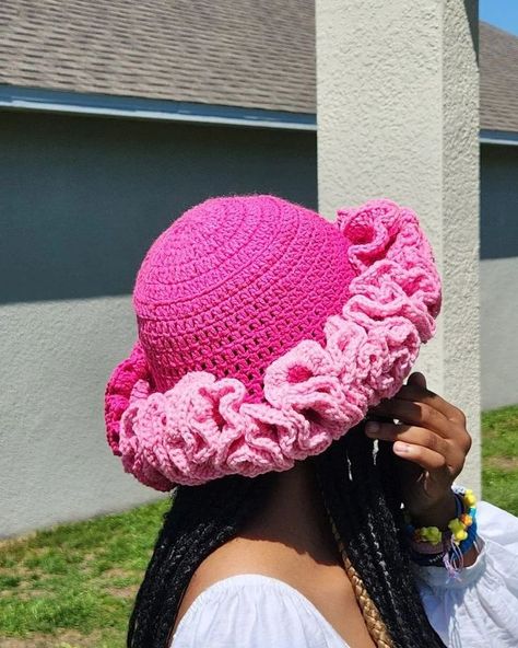 Add a touch of femininity to your outfit with our lovely crochet ruffle hat! 💕🌸 Material: Cotton yarn 🧶 Colour: can be made in your preferred plain or mixed colour Price: N15,000 To order, send a DM or click on the link in bio #crochet #rufflehat #feminine #crochet #hookedbybee Crochet Bucket Hat With Ruffles, How To Make Ruffles, Crochet Bob, Ruffle Hat, Crochet Ruffle, Crochet Edging Patterns, Ombre Pink, Crochet Swimwear, Crochet Shop