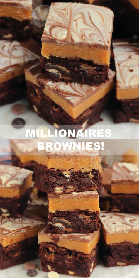 Easy Tray Bake Recipes, Millionaires Brownies, Millionaire Brownies, Caramel Fudge Brownies, Blondie Caramel Brownies, Brownies With Caramel, Jane Patisserie, Brownies With Caramel In The Middle, Chocolate Brownies Uk Recipe