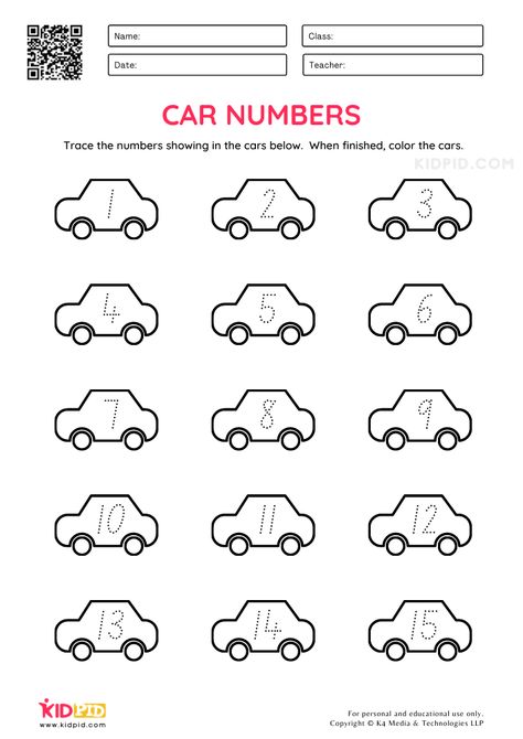 Car Numbers Tracing Worksheets for Kids Numbers Tracing, Counting Worksheets For Kindergarten, Transportation Worksheet, Number Writing, Toddler Lessons, Maths Worksheets, Counting Worksheets, Activity Sheets For Kids, Prek Math