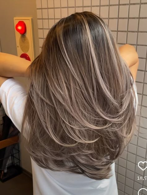 Hair Light Ash Grey, Layer Highlight Hair, Rambut Ash Blonde, Cat Rambut Brown, Ash Brown Hair Layers, Mid Light Hair, Highlight Rambut Brown, Silvery Brown Hair Color, Ashbrown Haircolor Highlights