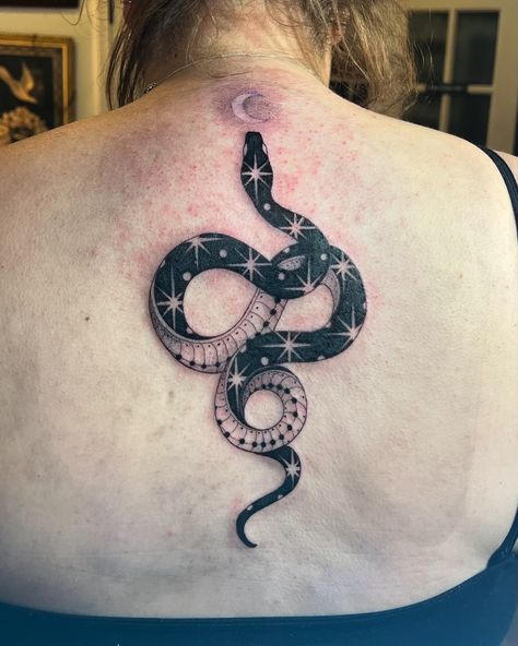 Celestial snake from a little bit ago. #snaketattoo #blackworktattoo #blacktattoo #blackandgreytattoo #tattooartist #tattooshop Star Snake Tattoo, Diamondback Snake Tattoo, Diamond Back Snake Tattoo, Snake And Stars Tattoo, Diamond Back Rattlesnake Tattoo, Black And White Snake Tattoo, Celestial Snake Tattoo, Celestial Snake, Black And White Snake