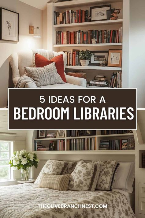 Bedroom Library Ideas Primary Bedroom Reading Corner, Bedroom Book Decor, Bookshelf Wall In Bedroom, Moody Book Nook, Reading Bedroom Aesthetic, Bedroom Library Aesthetic, Bedroom Reading Nooks Master, Guest Room Library Combo, Bookcase In Bedroom Ideas