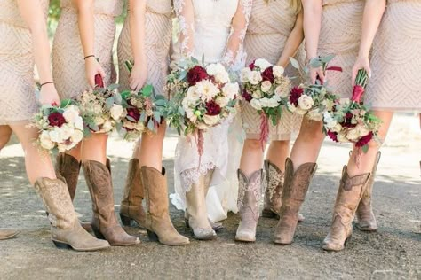 Bridal Party Cowboy Boots, Bridesmaids Dresses With Cowboy Boots, Wedding Party Cowboy Boots, Ranch Wedding Pictures, Bridesmaids In Cowboy Boots, Cowboy Bridesmaid Dresses, Country Wedding Bridesmaids Dresses With Boots, Cowboy Boot Bridesmaids, Western Wedding Dress With Boots