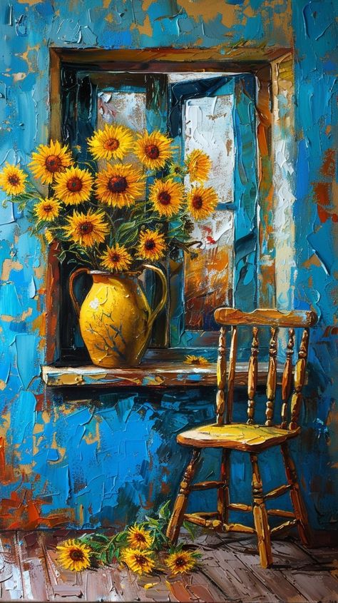 Panchtatva Painting, Oil Painting Floral, Painting Of Table, Creative Composition Painting Ideas, Huge Canvas Painting Ideas, Acrylic Sunflower Painting, Arte Van Gogh, Landscape Art Painting, 수채화 그림