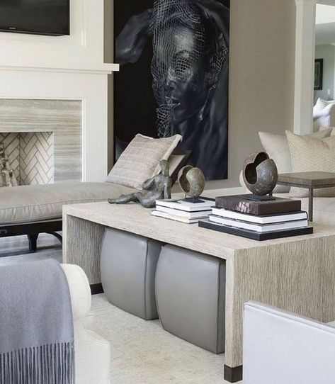 Jerry Pair  Associates on Instagram: “Staying in, in style. ✨ Featuring Gregorius Pineo’s ‘Laurent’ coffee table with a pair of their ‘Etienne’ ottomans perfectly tucked in…” Monochromatic Living Room, Small Apartment Interior, Small Apartment Decorating, Furniture Layout, Decorating Small Spaces, Front Room, Living Room Seating, Small Apartments, Large Furniture