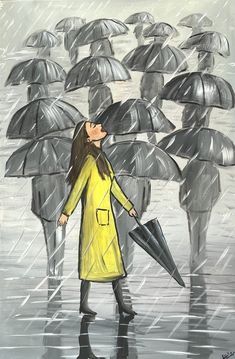 Rainy Day Painting Easy, Happy Woman Drawing, Rain Aesthetic Drawing, Woman In Rain, Rainy Days Aesthetic, Rainy Day Drawing, Painting Of Woman, Umbrella Drawing, Girl In Rain