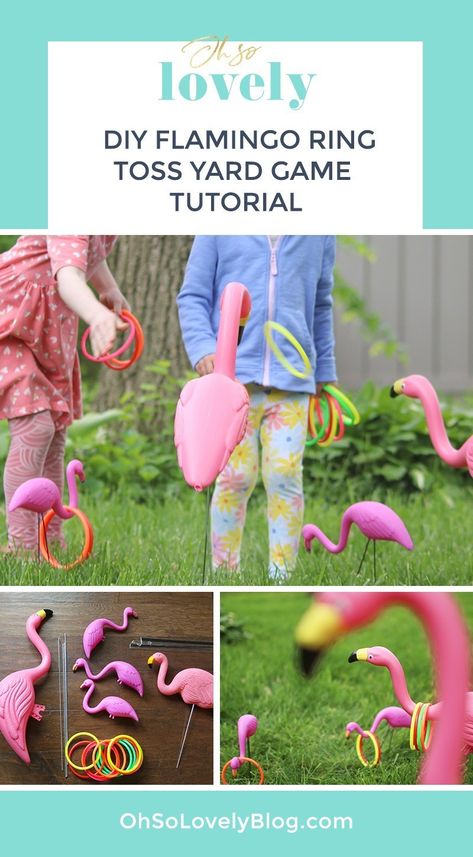 Audrey Kuether of Oh So Lovely shares a super fun and extremely easy DIY flamingo ring toss yard game tutorial—perfect for spring and summer! Flamingo Ring Toss Game, Ring Toss Game Diy, Summer Yard Games, Kids Carnival Games, Flamingo Ring Toss, Toss Game Diy, Diy Ring Toss, Yard Games For Kids, Diy Flamingo