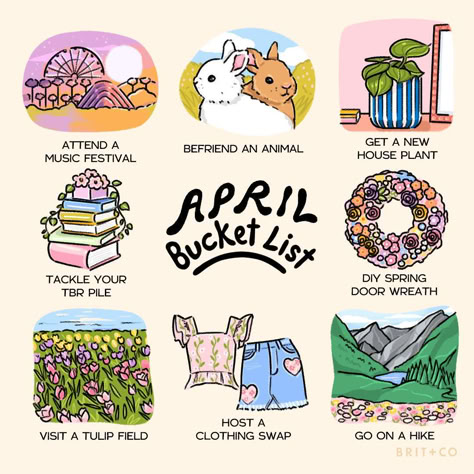 Hello April ✨ It's time to enjoy peak spring and make this your best season yet 🌷 Here's what's on our list for the month of April:⁠ ⁠ attend a⁠ music festival 🎶 ⁠ get a new house plant 🪴 ⁠ befriend an animal 🐰 ⁠ tackle your TBR pile 📚 ⁠ diy a spring door wreath 💐 ⁠ visit a tulip field 🌷 ⁠ host a clothing swap ♻️ ⁠ go on a hike 🥾 ⁠ April Bucket List, April Goals Ideas, What To Do In April Must Love Lists, Spring Goals Bucket Lists, Spring Bucket List For Adults, Toddler Spring Bucket List, Perfect Christmas Dinner, Clothing Swap, Hello April