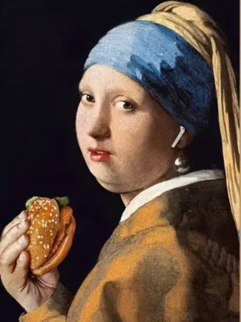 Appropriation Art Artworks, Appropriation Art Ideas, Art Appropriation Ideas, Girl With Pearl Earring, Appropriation Art, Funny Artwork, Art Jokes, Art Parody, Johannes Vermeer