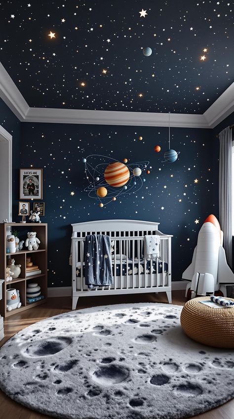 Nursery Room Ideas Science Theme Nursery, Astronaut Room Ideas, Planet Themed Nursery, Galaxy Nursery Ideas, Space Room Ideas For Boys, Diy Space Mobile, Space Dinosaur Room, Planetarium Nursery, Gray And Blue Nursery