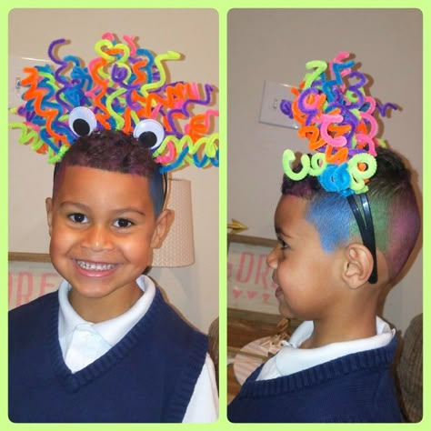 Crazy hair day for my little boy! I just not a double row headband from Walmart, twisted pipe cleaners around the headband and glued eyes. And that's just eyeshadow on his hair. #crazyhair #crazyhairday #boyhair #crazyhairdayboy Crazy Hair Day Headbands, Monster Day At School, Crazy Hair Day At School For Boys, Crazy Hair Day At School For Boys Easy, Kids Crazy Hair Day Ideas Boys, Crazy Hair Day For Adults, Crazy Hair Day Adults, Wacky Hair Day Ideas For Boys, Crazy Hair Day Ideas For Boys