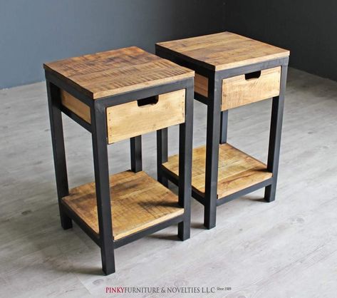 Steel And Wood Furniture Rustic, Wood And Metal Nightstand, End Tables Metal And Wood, Iron And Wood Side Table, Steel And Wood Bedside Table, Steel Furniture Design, Steel Bed Frame, Welded Furniture, Modern Sofa Living Room