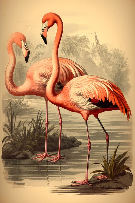 Vintage Flamingo Print, Vintage Flamingo Art, Flamingo Poster Design, Vintage Flamingo Illustration, Flamingo Illustration Graphics, Flamingos Art Illustration, Flamingo Images, Flamingo Drawing, Under The Sea Clipart