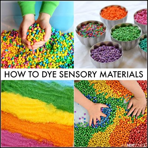 Rainbow sensory play guide: how to dye sensory bin fillers from oats to rice to salt from And Next Comes L Sensory Bin Materials, Sensory Resources, Dye Rice, Sensory Bin Fillers, Sensory Materials, Rainbow Sensory, Kids Sensory Play, Reception Class, Sensory Tubs