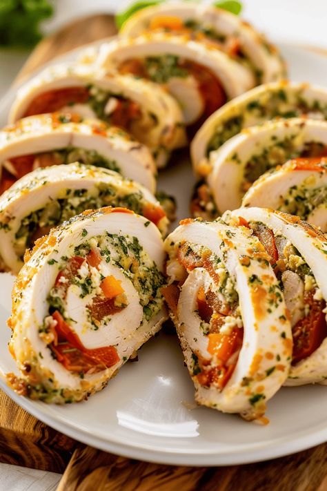 Pesto Chicken Rolls, Grilled Chicken Roll Ups, Pesto Chicken Roll Ups, Chicken Roll Up, Chicken Rollatini, Chicken Roulade, Rolled Chicken Recipes, Chicken Roll Ups, Gourmet Appetizers