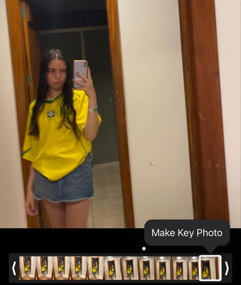 Screenshot of live photo settings on iphone, mirror photo, mini denim skirt with brazil football jersey top shirt, brunette Brazil Football Jersey, Brazil Top, Idea For Photo, Brazil T Shirt, Photo Settings, Brazil Football, Denim Skirt Fashion, Short Jean Skirt, Mini Denim Skirt