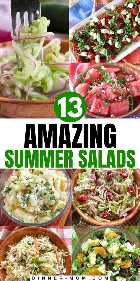 Discover 13 easy summer side salads that are perfect for any BBQ, cookout, or potluck. These light, fresh, and healthy recipes are quick to prepare and can effortlessly elevate your meal or become the main course. Enjoy the unique twist of each dish, from spiralized Cucumber Onion Salad to sweet Strawberry Spinach Walnut Salad, and savor the best of summer’s bounty. You'll find Quinoa fruit salad, Mexican street corn salad, watermelon caprese salad, the best Southern vinegar coleslaw, and more. Fruit Salad Mexican, Spinach Walnut Salad, Summer Side Salads, Salads For Bbq, Watermelon Caprese, Watermelon Caprese Salad, Spiralized Cucumber, Healthy Cookout, Salad Mexican