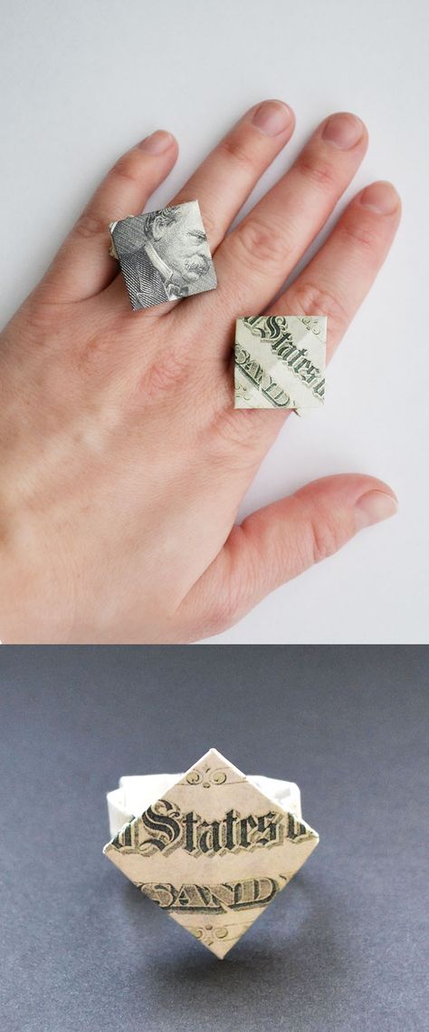 How to make a money ring Rhombus. We need one dollar bill. It's a very easy origami without using glue or tape. I wish you a pleasant viewing! You can watch the tutorial on YouTube! Diy Rings Tutorial, Origami Ring, Money Ring, Money Necklace, Money Rings, Money Jewelry, One Dollar Bill, Dollar Bill Origami, Origami Jewelry