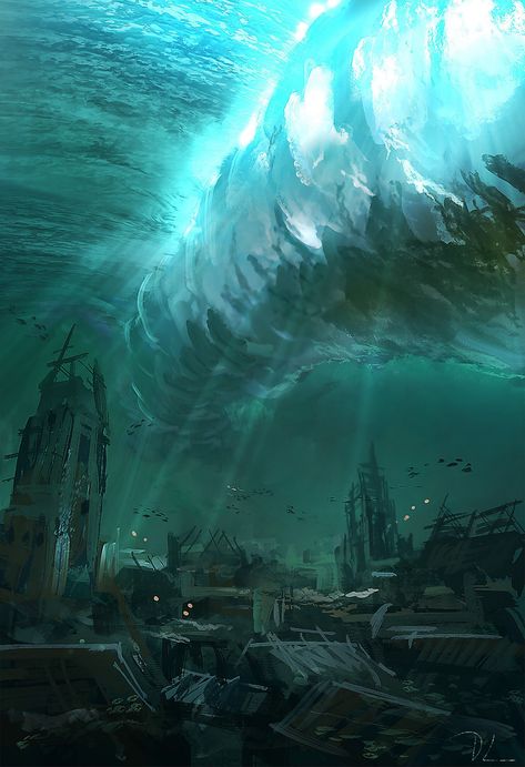 flooded town Future Apocalypse, Wholesome Cat, Amazing Scenery, Underwater City, Space Stuff, Leagues Under The Sea, My Fantasy World, Paintings And Drawings, Image Painting