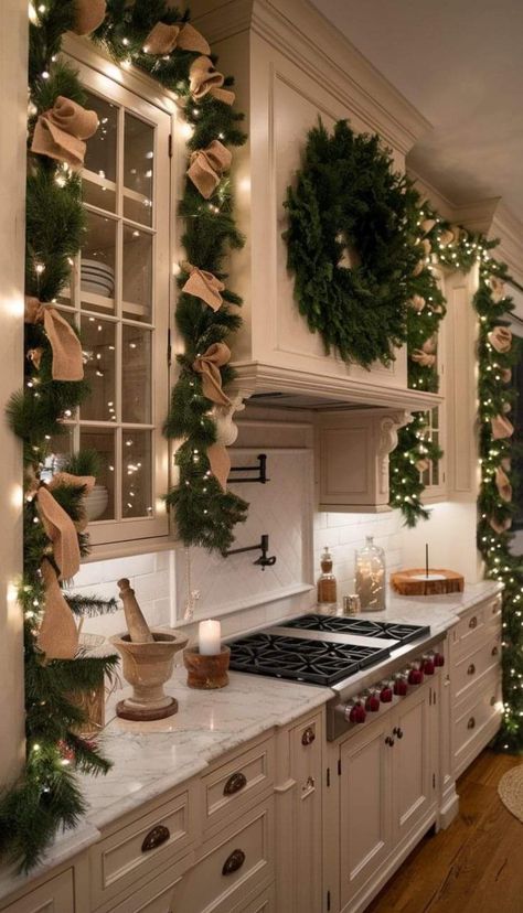 Christmas Kitchen Light Decor, Holiday Decor Christmas Kitchen, Cozy Christmas Decor Kitchen, Kitchen Decorating Ideas For Christmas, Kitchen Cabinet Holiday Decor, Kitchen Cupboard Christmas Decor, Over The Cabinet Christmas Decor, How To Decorate Kitchen For Christmas, Kitchen Garland Christmas